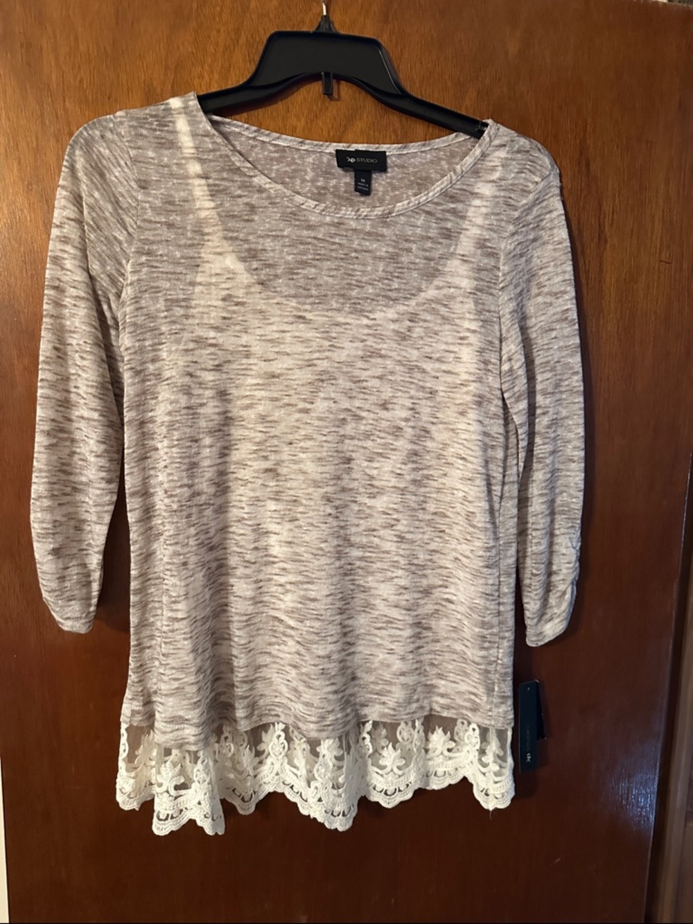 AB Studio Cream Heathered Knit Top with Lace Hem